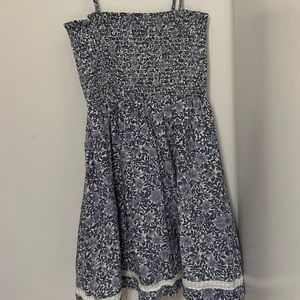 Strapless blue and white floral dress